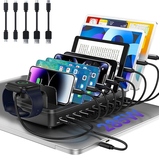 285W Charging Station for Multiple Devices, 10 Ports Fast Multi-Device Charger Organizer Compatible with MacBook Pro Laptop, iPhone, Android, Ipad, Tablet, Kindle, Multi-Device Charging Dock（Black）