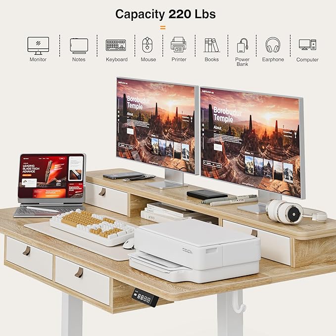 Grandder 47 Inch Electric Standing Desk with Four Drawers, Sit to Stand Up, Height Adjustable Desk with Storage Shelf for Home Office, Study, Ergonomic Adjustable Computer Desk, Oak