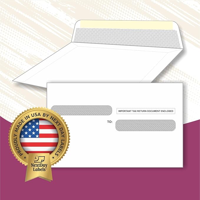 NextDayLabels - W-2 Tax Forms Double Window Security Envelopes, (Pack of 100 Envelope)