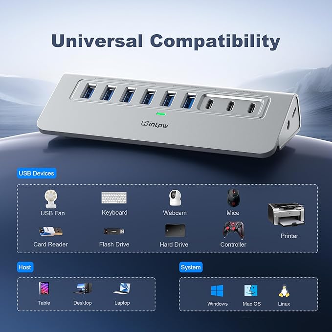 Powered USB Hub 10Gbps, intpw 9-Port USB 3.2 Hub, USB C Hub with USB A/USB C 3.2, 4 USB 3.0, 2 PD 45W Charging Ports, 65W Power Adapter and 3.3FT Cable, Aluminum USB Hub for Laptop, iPhone 17/16/15，PC