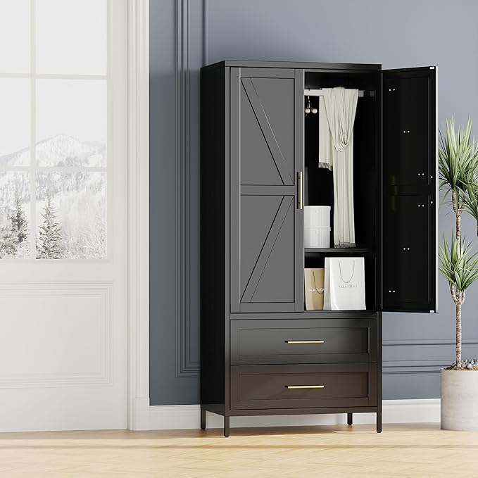 SUPEER Metal Wardrobe Cabinet with 2 Drawer and Hanging Rod, 70.9" H Metal Armoire Wardrobe Closet with Adjustable Shelf for Bedroom, Laundry Room, Home,Office,Installation Required,Black