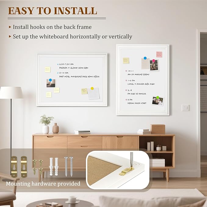 White Board for Wall, 24'' x 18'' Magnetic Dry Erase Board, Decorative Whiteboard with Plain White Wooden Frame, Hanging Writing Board for Home Office School Dorm