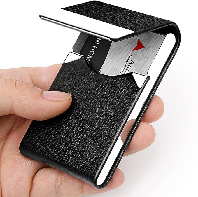 DMFLY Business Card Holder with Ultra Slim Design, Business Card Case with Premium PU Leather, Suit Pocket Metal Card Holder for Women/Men, Magnetic Closure Quick Access Cards, Small and Easy to Carry