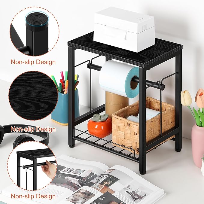smusei Label Holder for Rolls and Fan-Fold Labels, Wooden Thermal Printer Sticker Stand Shipping Label Holder with Basket, Black Label Roll Holder Dispenser for Home, Office, Small Business