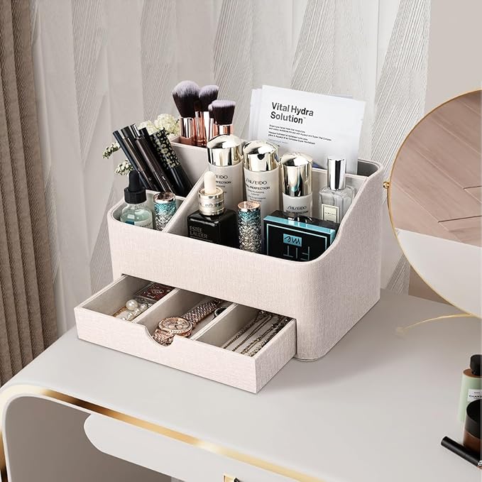 KINGFOM PU Leather Desk Organizer with Drawer, 5 Compartments Desktop Storage Caddy for Office & Home Supplies, Pen Holder for Remote Control, Phone & Accessories, Mail Organizer Countertop(Beige)