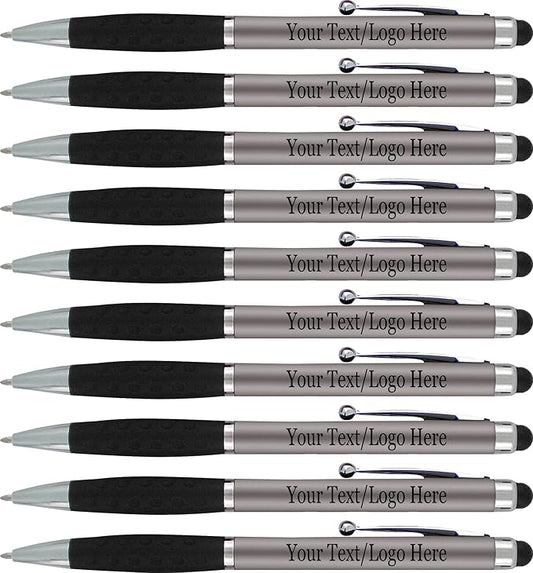 SyPen Personalized Pens With your Custom Logo or Text-300 Pack Bulk-for Businesses, Parties, and Events, 2 in 1 Ballpoint Pen & Stylus Compatible with Touchscreen Devices, Grey Barrel, Black Ink