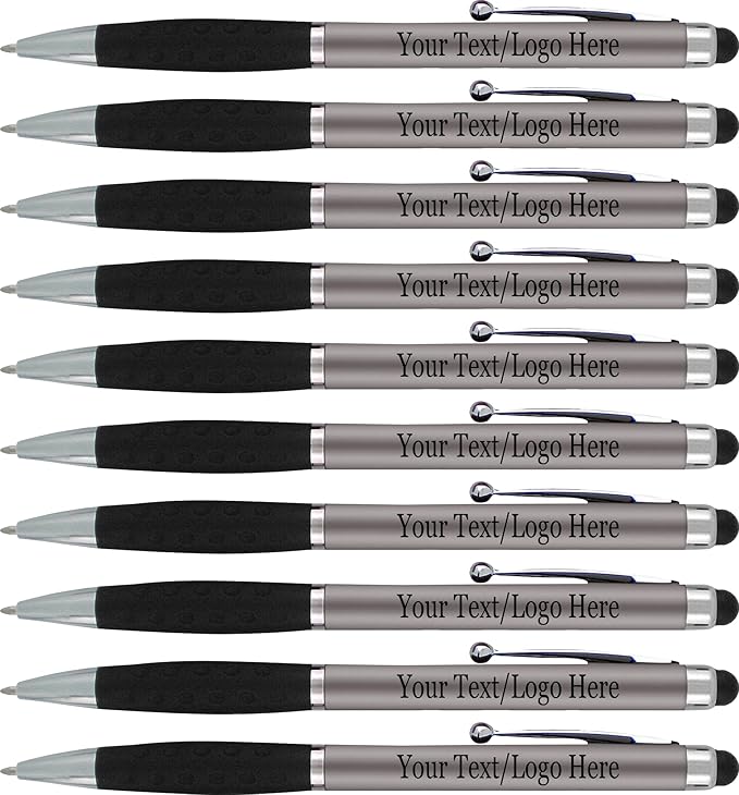 SyPen Personalized Pens With your Custom Logo or Text-600 Pack Bulk-for Businesses, Parties, and Events, 2 in 1 Ballpoint Pen & Stylus Compatible with Touchscreen Devices, Grey Barrel, Black Ink
