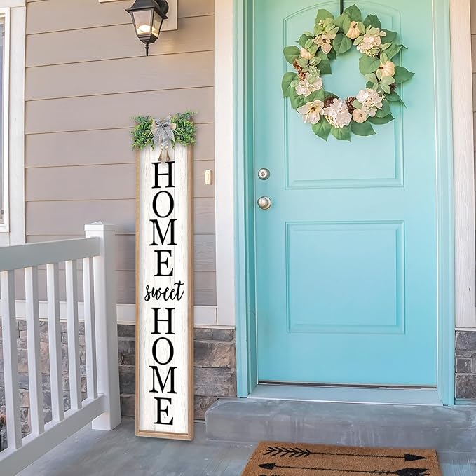 LuZhiQiang Welcome Sign for Front Porch Outdoor Home Sweet Home, 45"X9" For Large Front Door Wreath Standing Wooden Frame Tall Vertical Leaner Long Signs, Rustic Outside Farmhouse Garden Patio Decor (Wood)