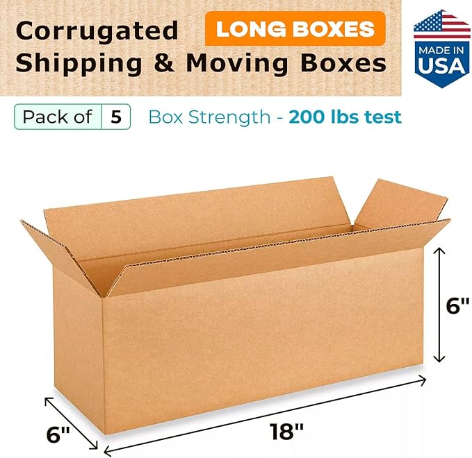 Long Moving & Shipping Boxes 18 x 6 x 6 inches (5-Pack) - Extra Strength 200 lb vs Regular - Corrugated Moving Boxes for USPS/UPS/FEDEX - Durable Shipping Box - Cardboard Box by IDL Packaging