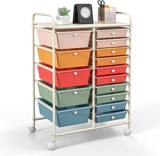 GOFLAME 15-Drawer Rolling Storage Cart, Craft Storage Cart with Removable Drawers & Lockable Wheels, Art Cart Supply Storage Organizer for Home Office Classroom, Macaron Color