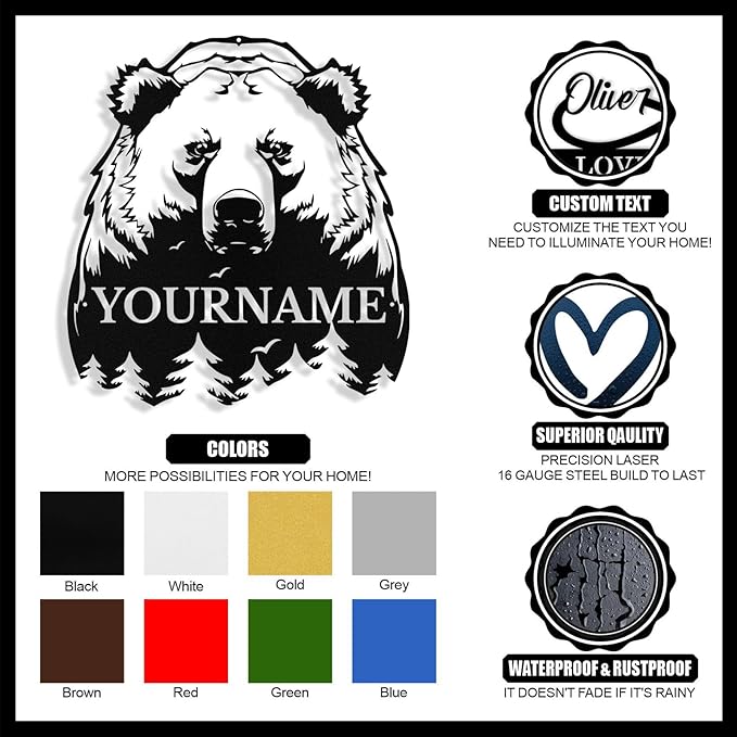 Custom Bear Metal Sign, Custom Bear Metal Wall Art Decor, Personalized Last Name Signs for Home, Rustic Farmhouse Black Wall Decor for Cabin, Bedroom, Living Room, Porch
