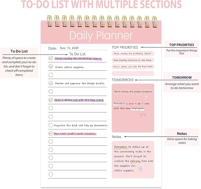 Tlenpo To Do List Notepad, 60 Sheets, Productivity Planner with Time, Task Checklist Organizer Agenda Pad for Work, Daily Planner for School Supply List Pink, 5.1 x 7 Inch