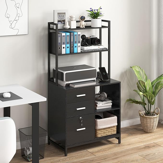 Livofloral File Cabinet with Charging Station, 3 Drawer Filing Cabinet with Bookshelf, Large Printer Stand with Open Storage Shelves for Home Office, Locking File Cabinets Fits Letter/A4 Size, Black