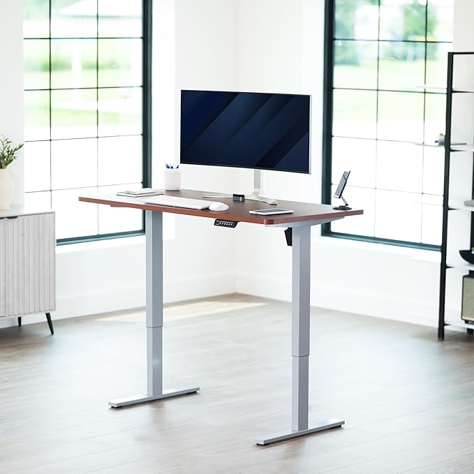 VIVO Electric 55 x 28 in Standing Desk, Memory Height Adjustment, 1B Series, Holds 220 lbs, One-Piece Dark Walnut Top, Gray Frame, DESK-KIT-1G55D