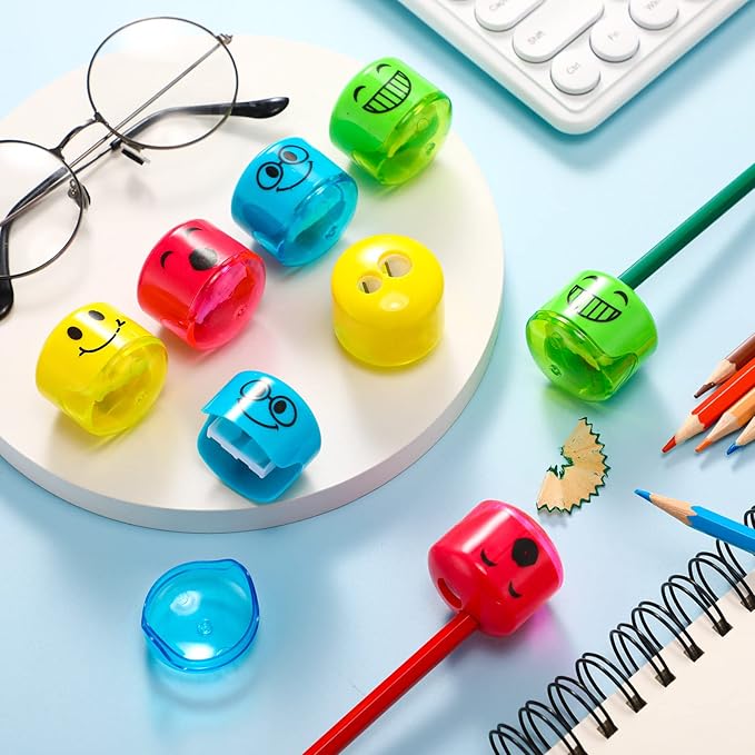 Crtiin 48 Pcs Back to School Pencil Sharpeners for Kids Cartoon Smile Small Pencil Sharpener Handheld Manual Dual Holes Gifts for School Office Art Room