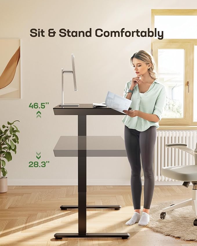 Marsail Glass Standing Desk with Drawer, 48 x 24 inch Electric Standing Desk, Height Adjustable Desk with One-Piece Tabletop & USB Charging Ports, Sit Stand Desk with Storage for Home & Office Black