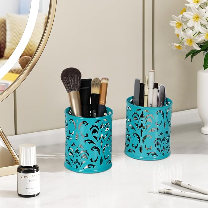 EasyPAG Teal Pen Holder for Desk, 2 Pack Round Pen Organizer, Brush Holder for Vanity, Metal Pencil Cup Organizer for Home, Office, Classroom, School