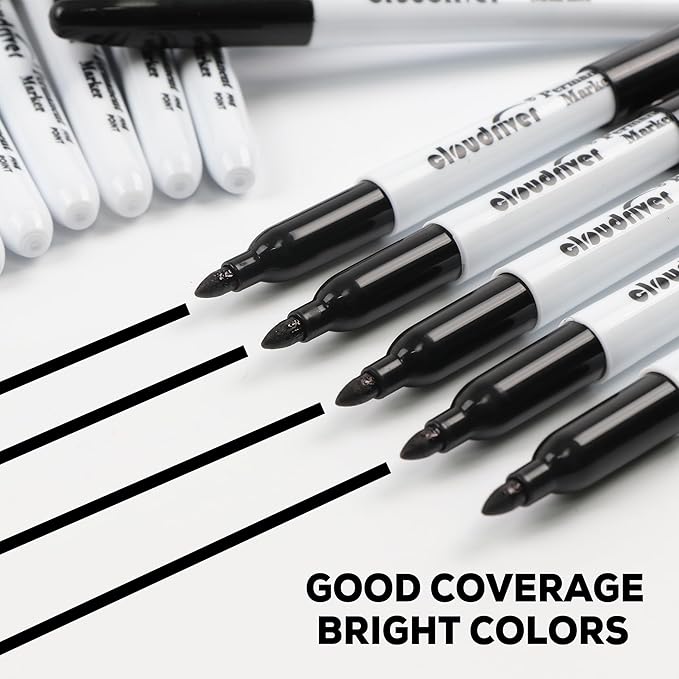 cloudriver Black Permanent Markers Fine Tip, 60 Packs Permanent Markers Bulk, Quick Drying & Fade Resistant, Permanent Marker Set Works on Plastic,Wood,Stone,Metal and Glass for Doodling, Marking