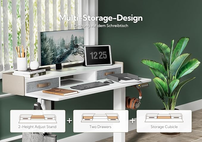 Claiks Standing Desk with Drawers, Adjustable Stand Up Electric Small Standing Desk Adjustable Height with Storage Shelf and Splice Board, 40 Inch, White