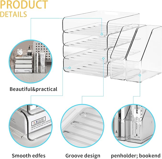 FANXIYQ 4-Tier Brown Acrylic Paper Tray Organizer for Desk + 2 Bookends – Stackable Letter Tray, Acrylic Desk Accessories/File Organizer, Office Paper Organizer