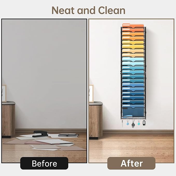 SUPEASY 21-Tier Wall File Holder Organizer with Hooks, Mesh Hanging File Organizer, Mail Organizer Wall Mounted for Papers, Folders, Office Magazine Rack, Assembly Needed, Black