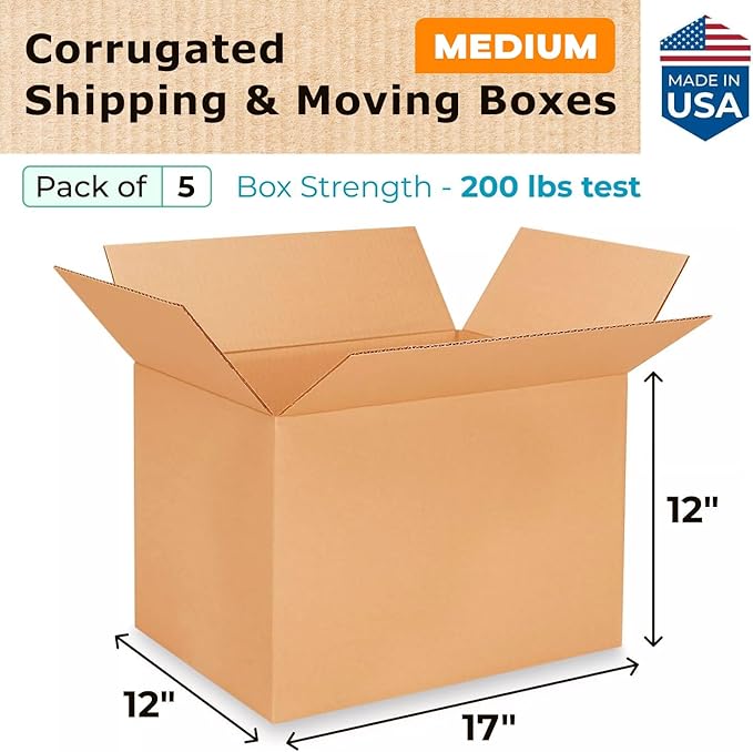 Medium Shipping & Moving Boxes 17 x 12 x 12 inches (5-Pack) - Extra Strength 200 lb vs Regular - Corrugated Cardboard Boxes, Made in USA - Durable Moving Box - Package Box by IDL Packaging