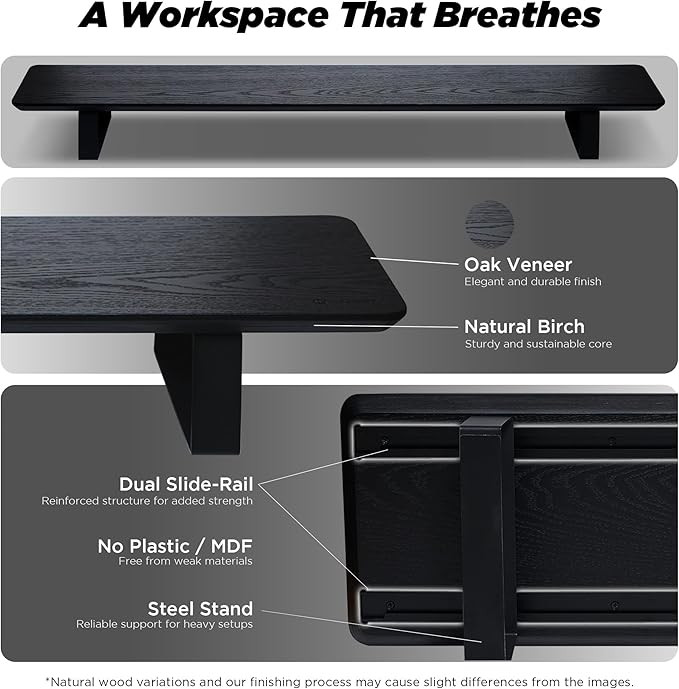 ULTRARM Moodular Wooden Monitor Stand 45.6” (116cm) Large Desk Organizer with Metal Slide Rails for Drawer, Tray, Laptop, Tablet, Phone & Headphones Customizable Riser for Organized Workspace Black