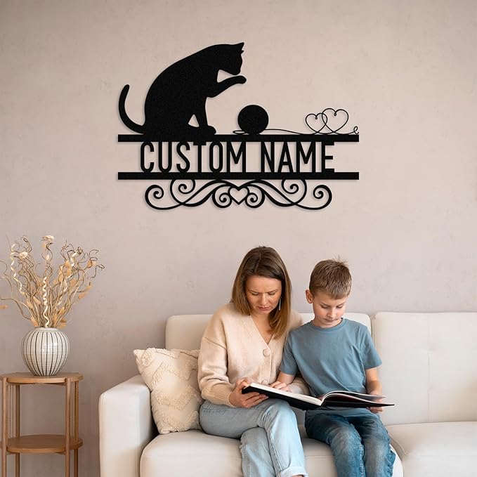 Dyoart Personalized Cat Metal Signs - Custom Funny Cat Metal Sign, Black Cat Metal Wall Art, Metal Cat Wall Decor, Last Name Sign, Cat Gifts for Cat Lovers, Home Decor for Living Room Bedroom