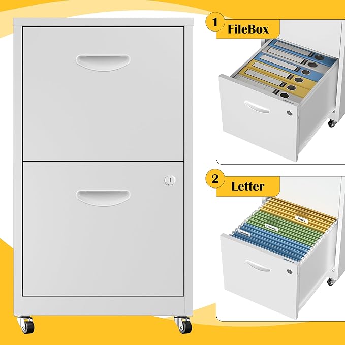 SteeLoong 2 Drawer File Cabinet with Lock，White Rolling File Cabinet for Home Office, Metal Small Mobile Filing Cabinets on Wheels for Hanging Letter
