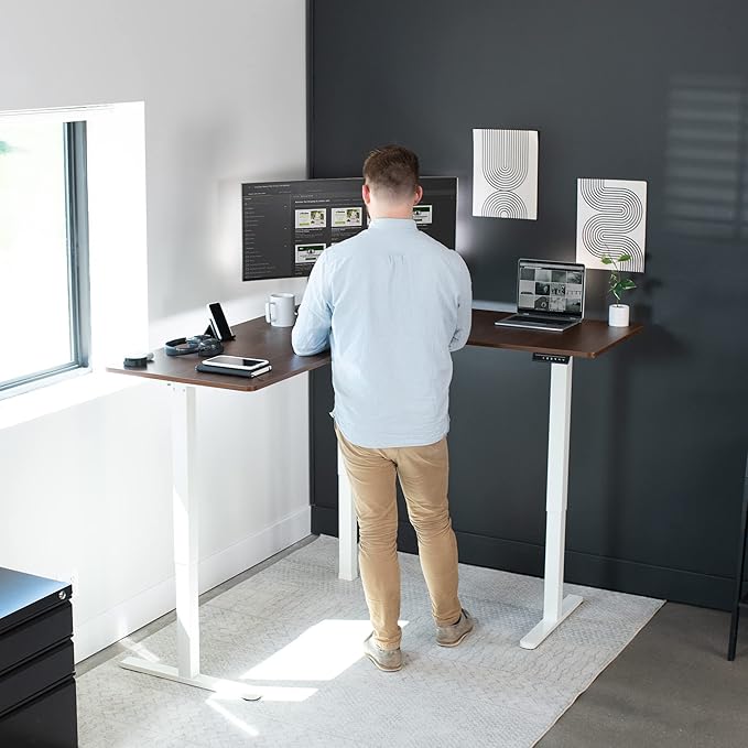 VIVO Electric Corner 63 x 55 inch L-Shaped Standing Desk, Memory Height Adjustment, Dark Walnut Top White Frame, DESK-E3CTWD