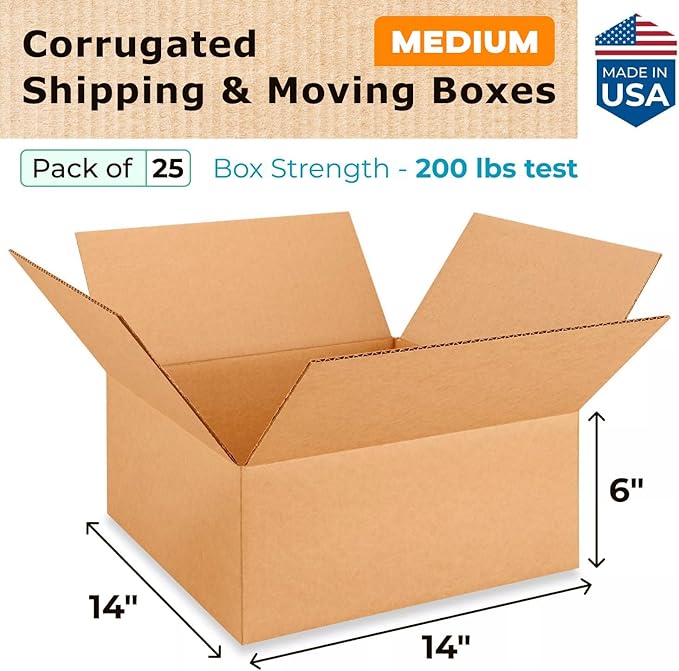 Medium Moving & Shipping Boxes 14"L x 14"W x 6"H (25-Pack) - Extra Strength 200 lb vs Regular - Corrugated Heavy Duty Moving Boxes - Moving Cardboard Box - Medium Moving Box by IDL Packaging
