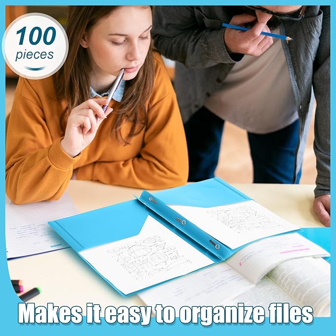 Lincia 100 Pcs Plastic Folders with Pockets and Prong Folders with Prongs 2 Pockets for Office, School for Students, Teachers, Office Workers(Light Blue)
