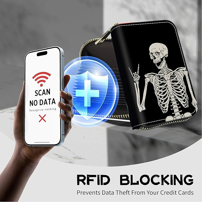BWEGRHE Cute Credit Card Holder with Zipper, Skull Skeleton RFID-Blocking Card Case Small Wallet for Women Men, Multi-slot Card Organizer Case Travel Accordion Wallet