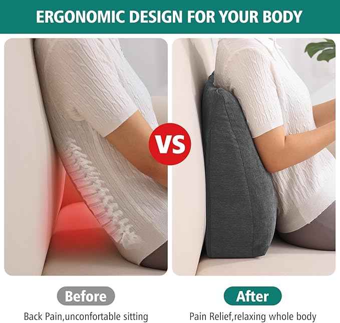TANYOO Back Support Pillow for Recliner Soft Dual Layer Lumbar Support Pillow with Memory Foam Shreds Ergonomic Orthopedic Couch Back Cushions for Elderly Lower Back Pain Relief Dark Grey