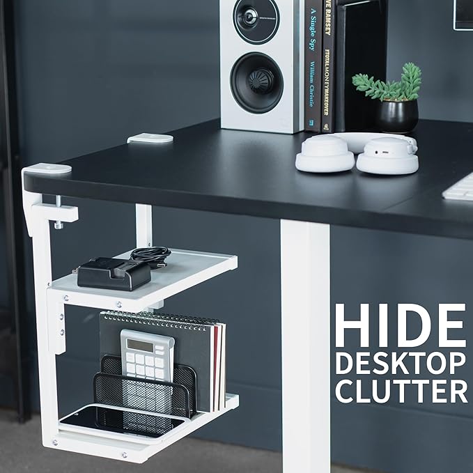 VIVO Clamp-on 13 inch Above or Below Desk 2-Tier Shelving Unit for Table Accessories, Gaming Devices, and More, Storage Tray, Desktop Organizer, White, STAND-SHELF2CW