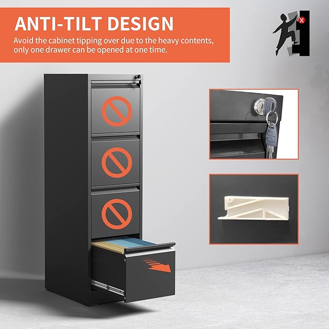 IKIMI 4 Drawer Locking File Cabinet with Wheels,Black Metal Mobile Filing Cabinets,Vertical File Cabinet for Home Office,Rolling Storage Cabinet for A4/Letter/Legal Size File,Assembly Required