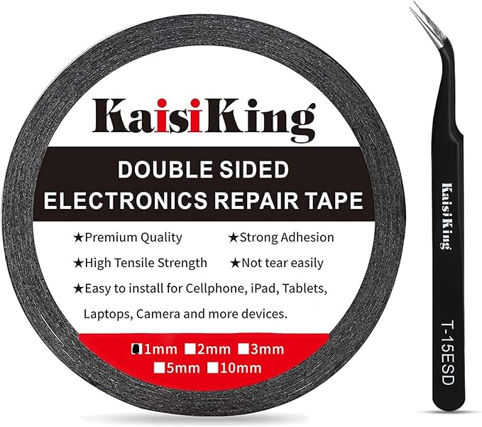 Kaisiking 1mm x 50M LCD Repair Tape for Phone Screen, Adhesive Tape with 1 Tweezers for Cell Phone, iPad, Tablets, Laptops, Camera