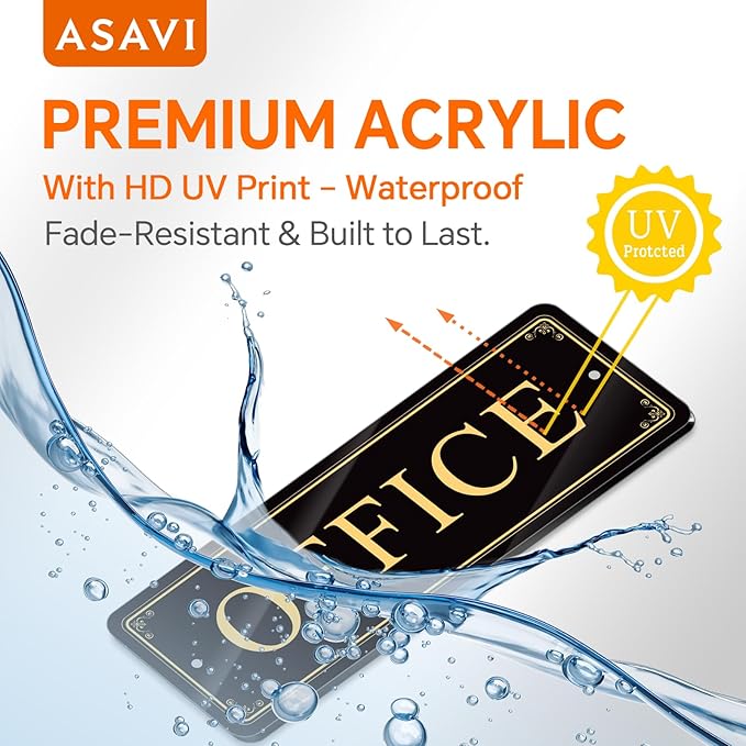 ASAVI “OFFICE” Acrylic Door Sign – Waterproof & Fade-Resistant Office Label with Strong Adhesive + Pre-Drilled Holes (8.7"x3") | Ideal for Doors and Walls in Offices, Lobbies, and Workspaces (Black gold)