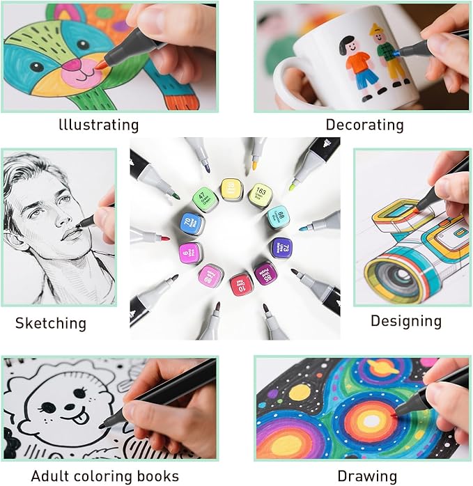 WELLOKB Alcohol Markers Set, 120 colors Alcohol Based Dual Tip, Broad and Fine Tip for Adult Coloring Books, Drawing, Sketching