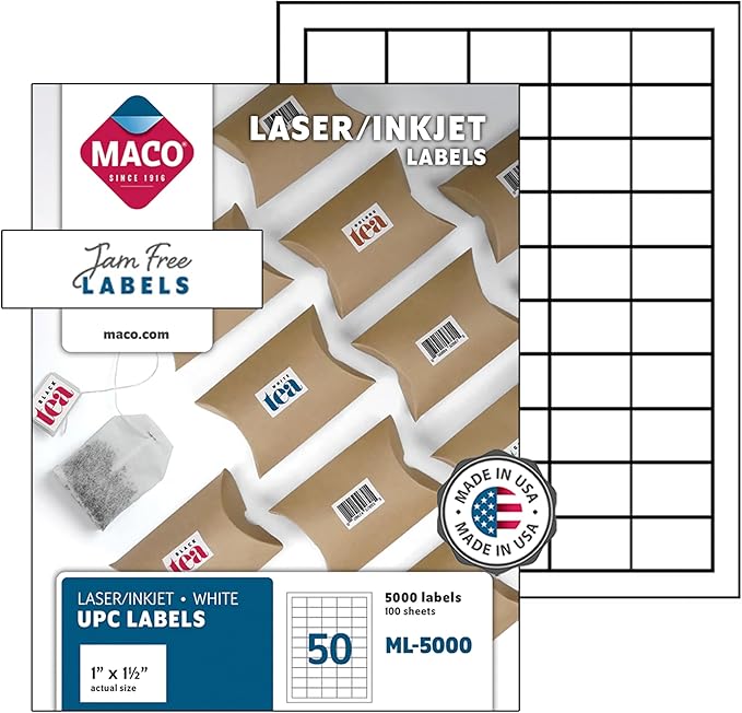 Printable Labels for Mailing - Laser/Ink Jet Compatible Shipping Address Labels, 50 per Sheet, 1 x 1-1/2", Box of 100 Pages/5000 Labels, White