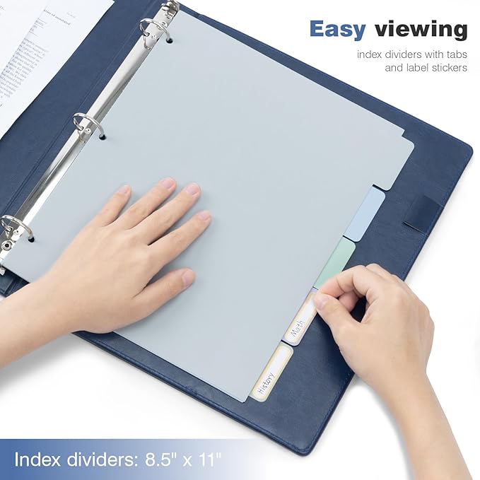 Ospelelf Vintage Hardcover 3 Ring 1 inch Leather Binder, Professional Binders Organizer Suitable for Letter Size Documents, Binder Dividers with Tabs, Faux Dark Blue Leather