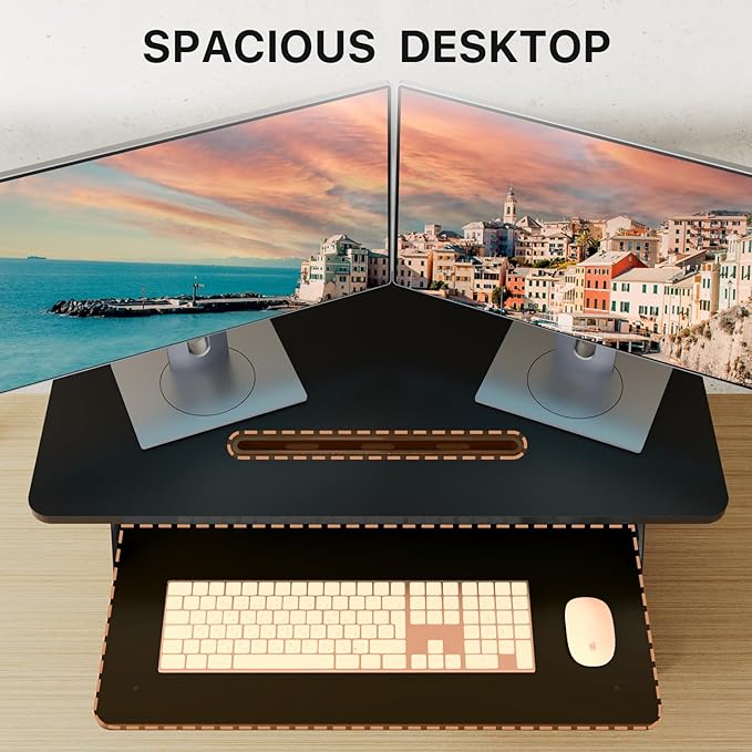 JOY worker Standing Desk Converter, 32" Wide Height Adjustable Sit Stand Up Desk Riser with Keyboard Tray, Desktop Workstation Riser for Home Office Computer Laptop, Particle Board, Black