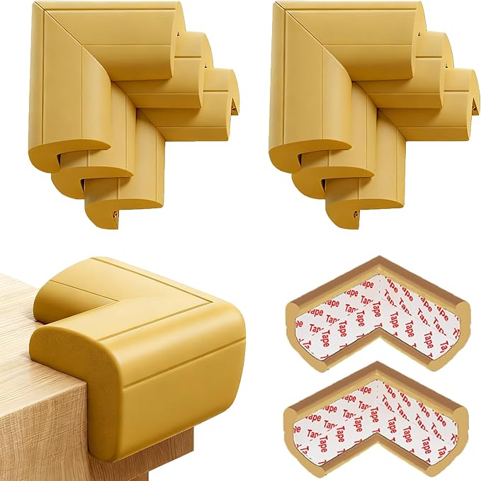 8 Pack Large Table Corner Protector for Kids, Baby Proofing Soft Rubber Foam Cushion Corner Covers, Heavy-Duty Corner Bumper Guards for Furniture Stair Cabinet Fireplace - Pre-Taped, Light Brown
