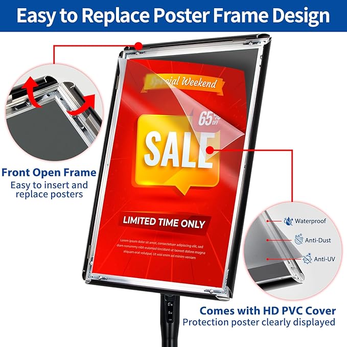 VAIIGO Adjustable Sign Holder Stand - 2Pack 11x17 Inch Pedestal Poster Sign Stand, Heavy Duty Floor Standing Sign Stand Aluminum Snap Open Frame for Church Business Store Sign Holder Stands (Black)