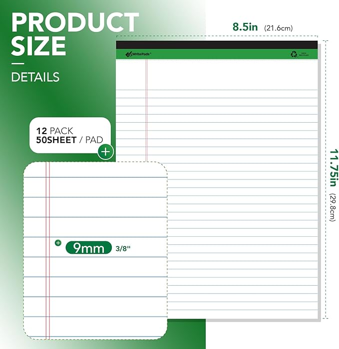 KAISA Legal Notepads 8.5"x11.75"，12pads note pads Writing Pads Recycled Paper, Wide Ruled Perforated 50 sheets Hard Back Notepads 8-1/2"x 11-3/4" Writing Tablet Canary For Office Supplies (Pack of 12pc) KSU-5293