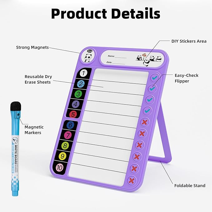 2-Pack Magnetic Chore Chart for Kids, ADHD Task Tracker Easy-Check Routine Dry Erase Board, to-Do List Planning Tool with Stand for Fridge/Desk/Home/School, 6 Reusable Sheets, 4 Markers Purple