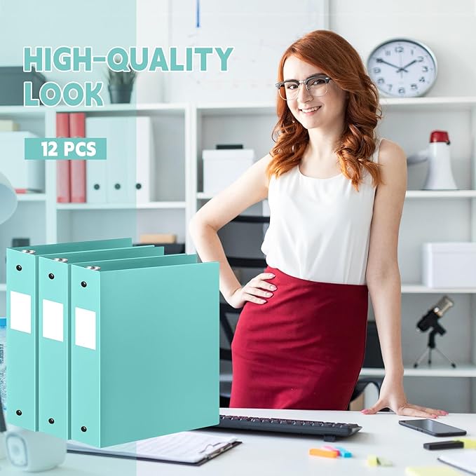 Henoyso 12 Pcs 3 Ring Binder 2 Inch Round Fits Letter Size 8.5'' x 11'' Paper Plastic Flexible Binder Bulk Holds 490 Sheets with 1 Pockets Versatile Organizer for Home Office School (Mint Green)