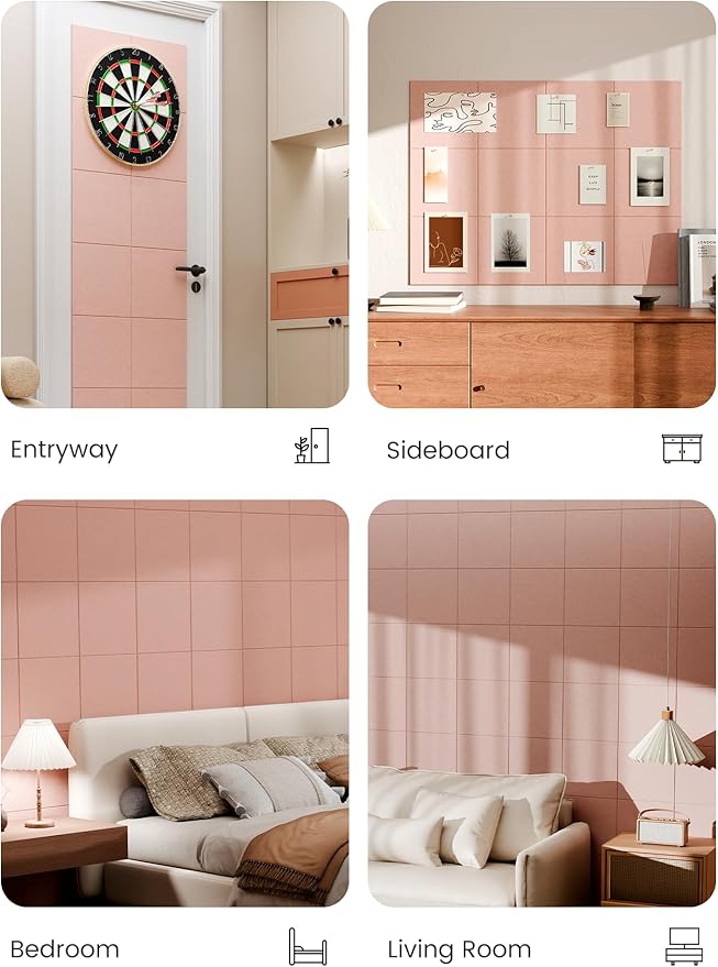 Bumusty Large Cork Board 47"x35" Alternative - 12 Pack Felt Wall Tiles with 70 Safe Removable Adhesive Tabs, 30 Pushpins, Cork Boards for Walls Pin Board Bulletin Board Office Decor (Pink)