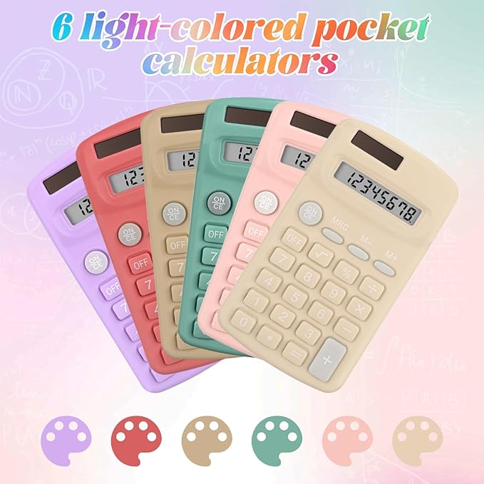 Tellegloww 48 Pcs Pocket Size Basic Calculators Bulk for Classroom Solar Battery Dual Power Display Calculator 8 Digit Colored Basic Calculator for Kids Student School Office