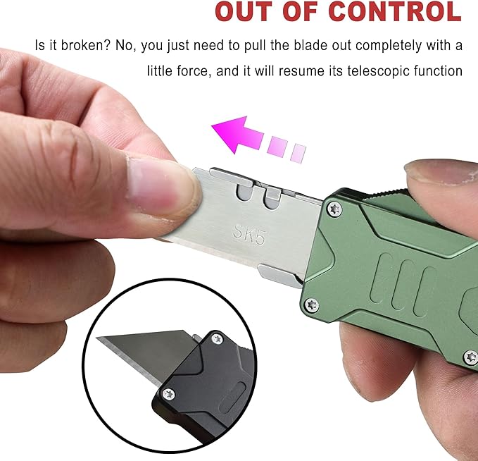 Caressolove Switch Blades Knife Push Button, Aviation Aluminum EDC Box Cutter Retractable, Utility Knife Double Action Automatic, With 10pcs SK5 Blade Assisted Opening Pocket Knife With Clip